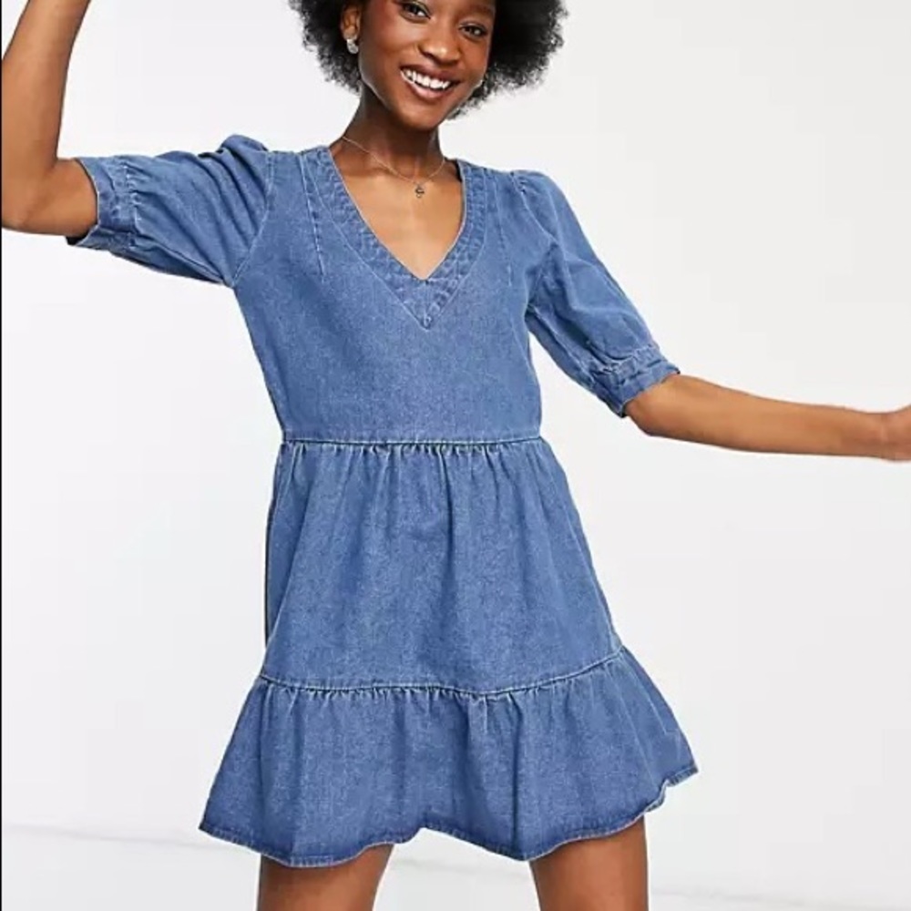 Miss Selfridge Denim Tiered Dress in Mid Wash (US 6)
